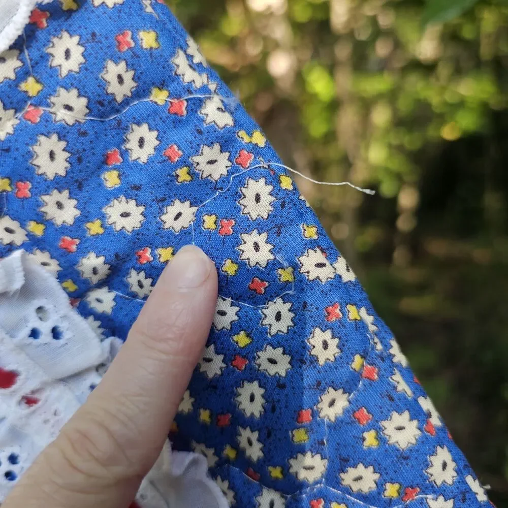 Vintage Quilted Blue Floral Christmas Stocking with Lace & Ribbon Accents